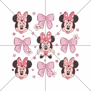 Pu&ograve; includere: Uno sfondo bianco con personaggi di Minnie Mouse rosa e rossi e fiocchi. I personaggi sorridono e hanno occhi neri. I fiocchi sono rosa con pois bianchi.
