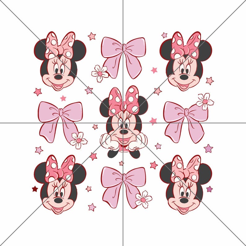 Pu&ograve; includere: Uno sfondo bianco con personaggi di Minnie Mouse rosa e rossi e fiocchi. I personaggi sorridono e hanno occhi neri. I fiocchi sono rosa con pois bianchi.