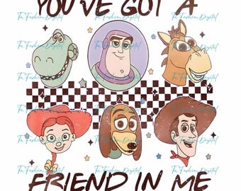 PNG retro "Tienes un amigo en mí", imágenes prediseñadas de Toy Story Land, PNG de Woody, Buzz, Jessie y Bullseye, PNG de personajes de Toy Story, PNG vintage de Toy Story