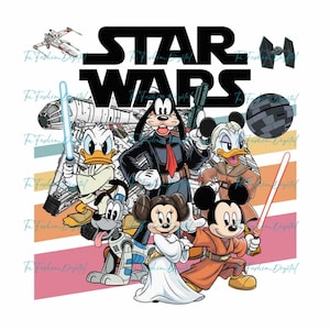 Puede incluir: Gráfico con personajes de Disney con atuendo de Star Wars. Pato Donald sostiene un sable de luz, Goofy con uniforme negro y Mickey Mouse con un sable de luz. El logo de Star Wars está en la parte superior.