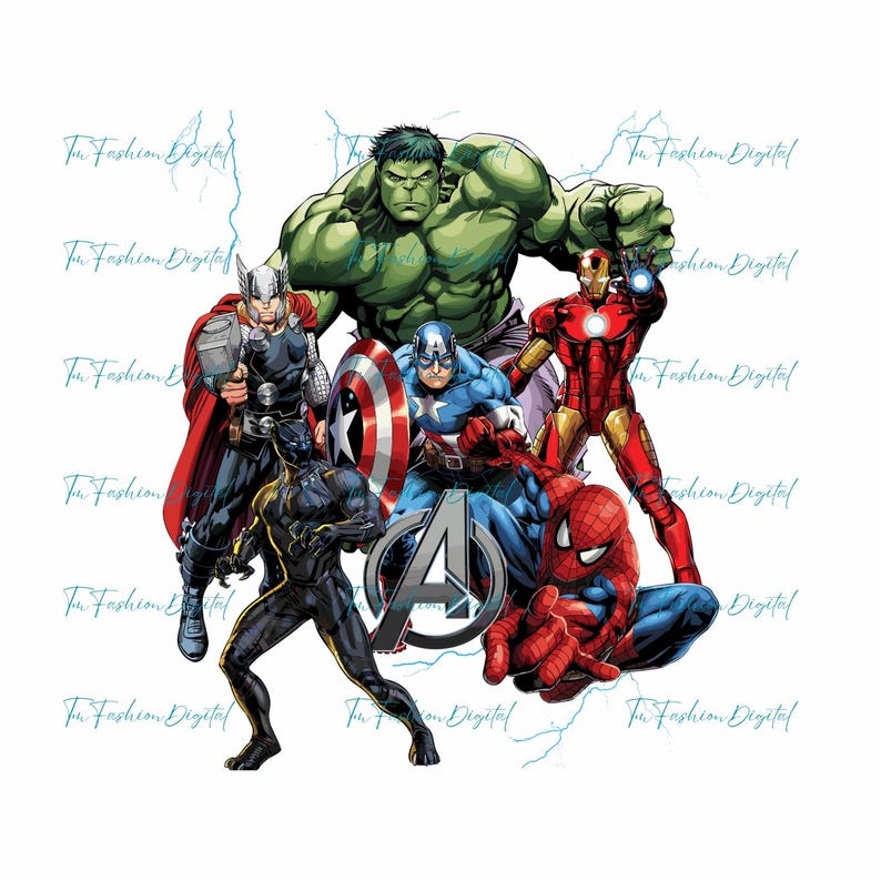 May include: A group of superheroes from the Avengers, including Hulk, Thor, Captain America, Iron Man, Black Panther, and Spiderman. The image features a large, stylized 'A' for Avengers.