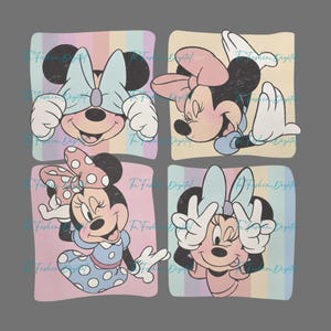 Puede incluir: Imagen de cuatro paneles con Minnie Mouse en varias poses. Cada panel tiene un fondo pastel con rayas verticales. Minnie se muestra con un lazo, un vestido y haciendo el signo de la paz. La imagen tiene un aspecto vintage y desgastado.