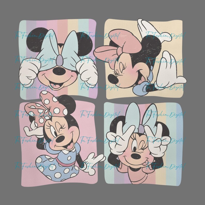 Puede incluir: Imagen de cuatro paneles con Minnie Mouse en varias poses. Cada panel tiene un fondo pastel con rayas verticales. Minnie se muestra con un lazo, un vestido y haciendo el signo de la paz. La imagen tiene un aspecto vintage y desgastado.