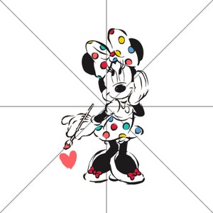 May include: A black and white illustration of a cartoon mouse wearing a polka dot dress and a bow. The mouse is holding a paintbrush and painting a red heart.