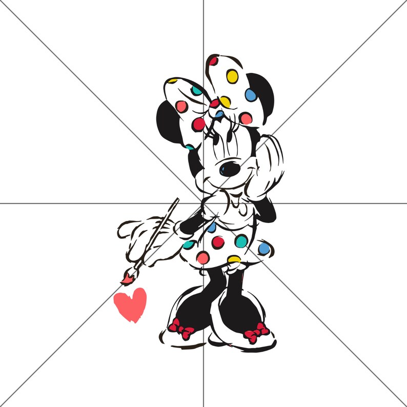 May include: A black and white illustration of a cartoon mouse wearing a polka dot dress and a bow. The mouse is holding a paintbrush and painting a red heart.