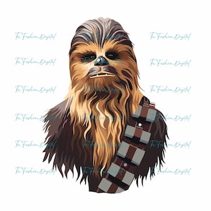 May include: A digital illustration of Chewbacca from Star Wars. The image features the Wookiee with brown and tan fur, a bandolier, and a stern expression. The text "Tu Fashion Digital" is repeated across the image.