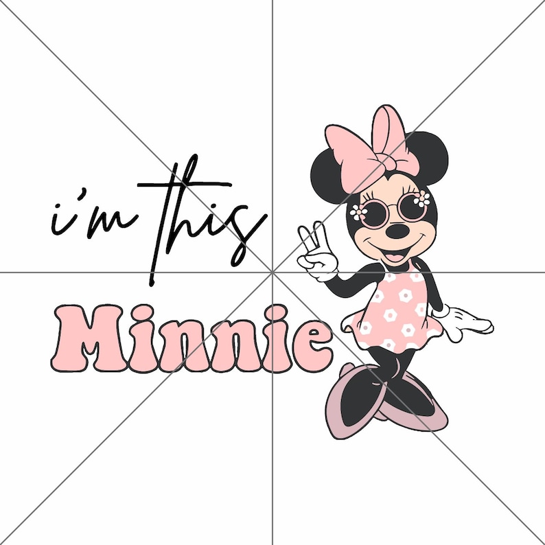 May include: A pink and white Minnie Mouse character with sunglasses and a pink bow in her hair. The text "i'm this Minnie" is written in black on a white background.