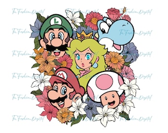 Floral Super Mario Characters Png, Mario and Friends Png, Super Mario Clipart, Mario Bros Png, Retro Friends Png, Super Mario Collage Png