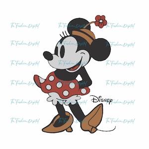 K&ouml;nnte beinhalten: Cartoon-Illustration von Minnie Mouse in einer Laufpose. Sie tr&auml;gt ein rotes Kleid mit wei&szlig;en Punkten, braune Schuhe und einen Hut mit roter Blume. Das Disney-Logo ist sichtbar.