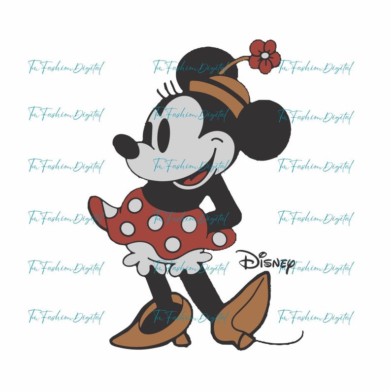 K&ouml;nnte beinhalten: Cartoon-Illustration von Minnie Mouse in einer Laufpose. Sie tr&auml;gt ein rotes Kleid mit wei&szlig;en Punkten, braune Schuhe und einen Hut mit roter Blume. Das Disney-Logo ist sichtbar.