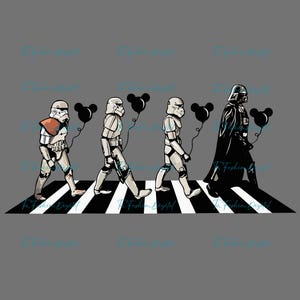 May include: Illustration of Star Wars characters crossing a street like the Beatles' Abbey Road album cover. Stormtroopers and Darth Vader walk on a crosswalk, each holding a black Mickey Mouse balloon. The background is gray.