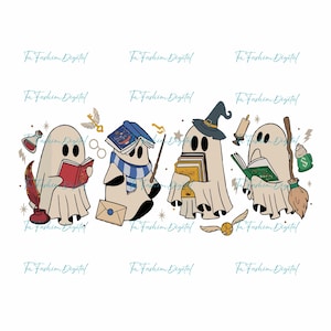 May include: A whimsical illustration features four cartoon ghosts, each engaged in activities associated with magic and learning. One ghost reads a book, another wears a scarf and holds a wand, a third wears a witch hat, and the last one reads a book and holds a broom.
