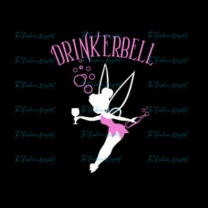 May include: A white silhouette of a fairy with pink wings holding a glass of wine and a bottle of wine. The fairy is flying with bubbles around her. The text "DRINKERBELL" is above the fairy in pink.