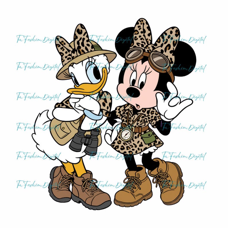 K&ouml;nnte beinhalten: Digitale Illustration von Daisy Duck und Minnie Mouse in Safari-Outfits. Daisy tr&auml;gt einen Safarihut, eine Jacke und Stiefel und h&auml;lt ein Fernglas. Minnie tr&auml;gt ein Kleid mit Leopardenmuster, eine Brille und Stiefel. Beide sind bereit f&uuml;r ein Abenteuer.