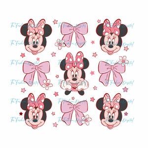 Pu&ograve; includere: Nove immagini di cartoni animati rosa e rosse di un personaggio di topo con grandi orecchie e un fiocco. Il topo indossa un fiocco a pois rossi e ha un fiocco rosa sulla testa. Le immagini sono su uno sfondo bianco.