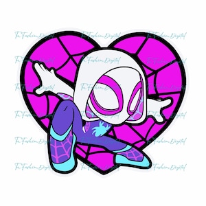 May include: A cartoon illustration of a female superhero in a Spider-Gwen costume, posed in front of a pink heart-shaped background. The character is in a crouching position with arms outstretched. The costume is white, purple, and teal.