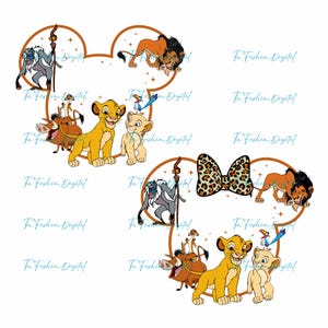 May include: Two Mickey Mouse ear designs featuring characters from The Lion King. One design includes Simba, Nala, Timon, Pumbaa, Zazu, Rafiki, and Scar. The other design includes a leopard print bow and the same characters.