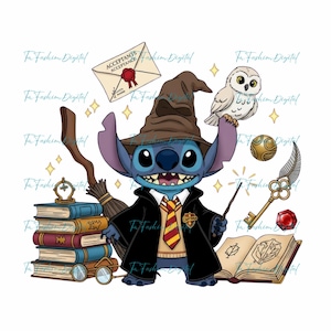 May include: A blue cartoon character wearing a wizard hat and robe, holding a wand. An owl, books, and other magical items are also present. The image has the text "ACCEPTANTS ACCEPTANCE".