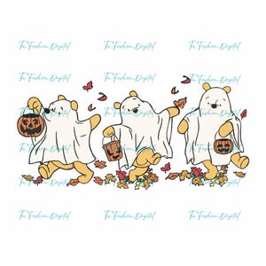 May include: A digital illustration featuring three yellow bears dressed as ghosts in white sheets, each carrying a small orange jack-o'-lantern bucket. The bears are walking through scattered autumn leaves in shades of red, orange, and brown.