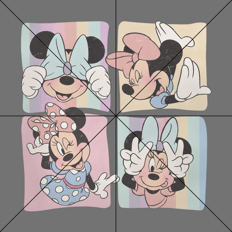 Puede incluir: Imagen de cuatro paneles con Minnie Mouse en varias poses. Cada panel tiene un fondo de arco&iacute;ris pastel. Minnie se muestra con las manos sobre los ojos, haciendo el pino, saludando y haciendo el signo de la paz.