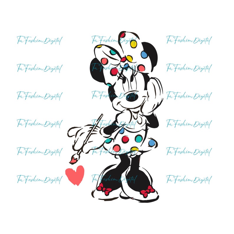May include: A black and white illustration of Minnie Mouse holding a paintbrush and a heart. She is wearing a red bow with white polka dots, a polka dot dress, and black shoes with red bows.