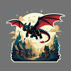 May include: A black dragon with red wings flies over a village scene. The dragon has yellow eyes and a long tail. The background features a full moon, stars, and stylized mountains. The village has several buildings with brown roofs.