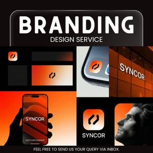 Puede incluir: Una imagen promocional para servicios de diseño de marca. La imagen muestra las palabras "BRANDING" y "DESIGN SERVICE" en texto blanco. Incluye un logotipo con un diseño de corchetes, una maqueta de teléfono inteligente y el nombre "SYNCOR" en varios contextos. El texto inferior dice "FEEL FREE TO SEND US YOUR QUERY VIA INBOX."