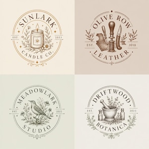 May include: Four circular logos featuring detailed line art illustrations. Top left: Sunlark Candle Co. with a lit candle and flowers. Top right: Olive Row Leather with leatherworking tools. Bottom left: Meadowlark Studio with a bird. Bottom right: Driftwood Botanica with a mortar and pestle.