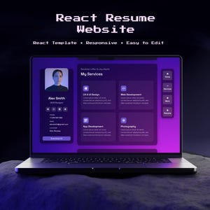 Puede incluir: Una computadora portátil muestra una interfaz de sitio web con un esquema de color púrpura y azul. El sitio web se titula "React Resume Website" e incluye el texto "React Template • Responsive • Easy to Edit". La interfaz muestra un currículum con secciones de servicios y contacto.