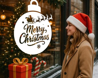 Merry Christmas Window Sticker • Large Christmas Decal for Storefront, Home Window Decor • Holiday Shop Decoration • Santa & Reindeer
