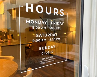 Vinilo adhesivo para ventanas con horario comercial / Adhesivo de vinilo personalizado para horario de tienda / Letrero personalizado para oficina / Adhesivo para puerta de tienda / Letrero para ventana