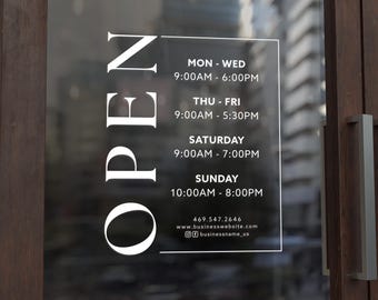 Vinilo con horario de apertura, adhesivo personalizado con horario comercial, vinilo para escaparate, letrero de vinilo personalizado, letras modernas para la puerta de la tienda.