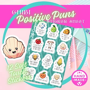 Feuille d'autocollants Chibi Positive Puns - Citations mignonnes à partager