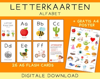 May include: A set of 26 colorful flash cards featuring the Dutch alphabet with illustrations of objects starting with each letter. The cards are A6 size and come with a free A4 poster with the alphabet and illustrations.