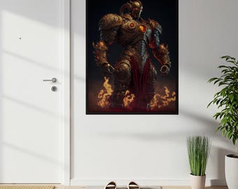 Poster verticale opaco Burning Valor / Stampa di un guerriero corazzato dorato decorato / Arte fantasy fantascientifica dark per l'arredamento della sala giochi e regalo per la caverna dell'uomo