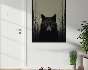 Striking Black Wolf Poster with Piercing Red Eyes, Dark Forest Gothic Fantasy Art Print, Mysterious Primal Animal Wall Decor, Intense Mood