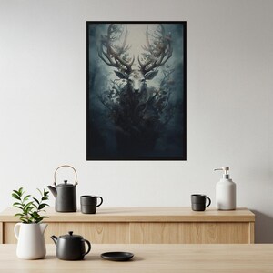 Mystic Guardian Fantasy Stag Poster | Ethereal Deer Woodland Spirit Wall Art | Ancient Guardian Mystical Forest Nature Fantasy Print