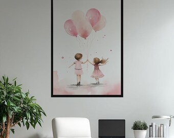 Whimsical Watercolor Girls with Pink Balloons Wall Art, Dreamy Nursery Decor Poster, Sweet Sisterhood Friendship Print, Baby Girl Room Art