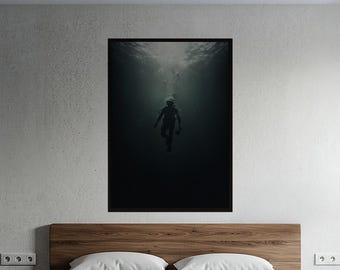 Dramatic Scuba Diver Matte Poster | High Contrast Underwater Photo Print | Deep Ocean Exploration Art | Tranquil Marine Decor Gift