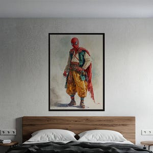 Spider-Man Historical Costume Art Print | Unique Watercolor Superhero Poster | Fantasy Pop Culture Wall Decor | Imaginative Character Design