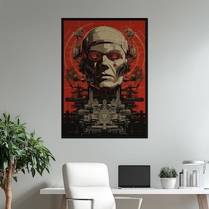 Cyborg Head Poster, Futuristic Dystopian Wall Art, Robot AI Print, Cyberpunk Decor for Gaming Room, Tech Enthusiast Gift, Edgy Sci-Fi Art