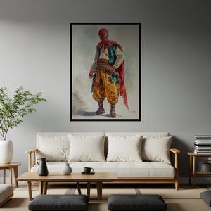 Spider-Man Historical Costume Art Print | Unique Watercolor Superhero Poster | Fantasy Pop Culture Wall Decor | Imaginative Character Design