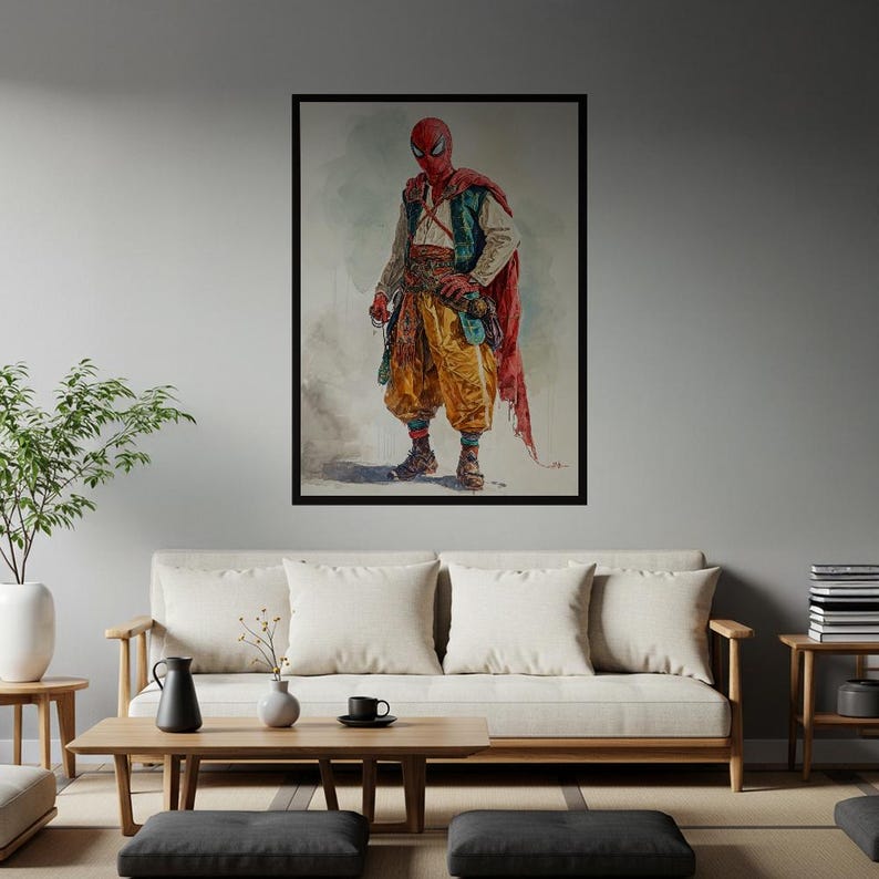 Spider-Man Historical Costume Art Print | Unique Watercolor Superhero Poster | Fantasy Pop Culture Wall Decor | Imaginative Character Design