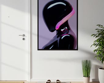 Neon Dreams Futuristic Wall Art | Sleek Glossy Black Humanoid Robot AI Art Print | Cyberpunk Sci-Fi Tech Decor | Modern Minimalist Poster