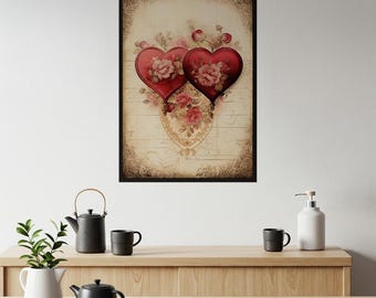Vintage Heart Wall Art | Romantic Floral Poster | Shabby Chic Decor | Rose Print | Valentine Anniversary Gift