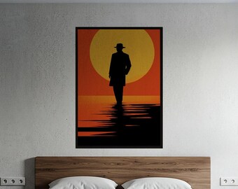 vertical mat mystérieux coucher de soleil silhouette | Art mural film noir cinématographique | Cadeau de décoration d'intérieur minimaliste pour les cinéphiles
