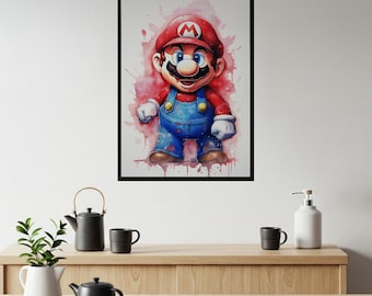 Vibrant Super Mario Watercolor Splash Art Poster | Classic Gaming Wall Decor for Kids Room & Gamer Gift | Retro Nintendo Character Print