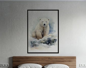 Cute Polar Bear Watercolor Poster | Serene Arctic Animal Print for Nursery & Kids Room Decor | Gentle Wildlife Art on Matte Vertical Print