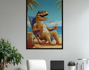 Funny T-Rex Beach Vacation Poster | Humorous Dinosaur Wall Art for Kids Room & Dorm Decor | Laid-Back Dino Print | Tropical Summer Vibe