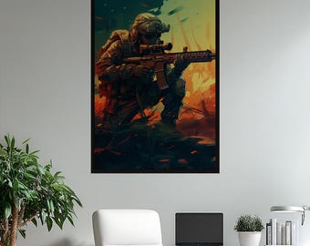 Tactical Soldier Matte Vertical Poster | Modern Warfare Combat Art for Gaming Room & Man Cave Decor | Heroic Military Print Gift Idea